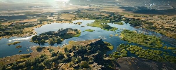 Wall Mural - Aerial view of remote volcanic landscape in Southern Region, Iceland.