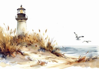 Wall Mural - Watercolor lighthouse on the beach with sand dunes and seagulls