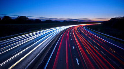 A highway with a long line of cars and a bright blue sky