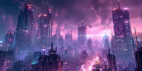 Wall Mural - Sci-fi Cityscape with Purple and Cyan Neon lights. Night scene with Visionary Architecture.