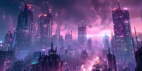 Sci-fi Cityscape with Purple and Cyan Neon lights. Night scene with Visionary Architecture.