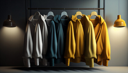 Wall Mural - Colorful shirts hanging on a rack in a room. A variety of clothes in different colors and styles, perfect for autumn or fall season.