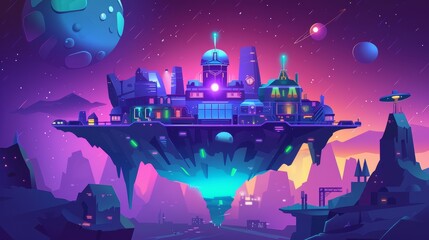 Wall Mural - Flying island above alien planet surface with mountains and futuristic buildings. Modern illustration for GUI game design.