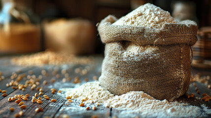 A bag of flour sits on a wooden table. Generated by AI