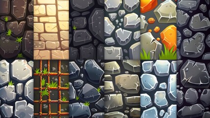 Wall Mural - Textures of asphalt and stone for game backgrounds. Grates and stones, cobblestone grey and black ground surfaces textured effect layers, paving UI design elements Vectors.