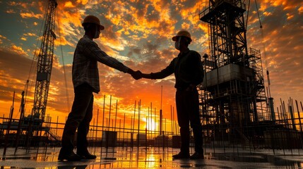 Wall Mural - Silhouette of two engineers shaking hands and signing a corporate contract outside in front of an oil pump. People in helmets working in the oil field.