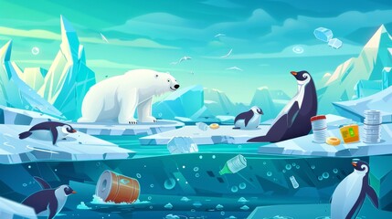 Wall Mural - Posters of sea pollution with cartoon arctic and antarctic scene with wild animals on ice and garbage in sea water.