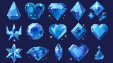 Abstract diamond crystals in star, heart, and crown shapes. Modern cartoon set of blue shiny gems or stones of glass, ice or rhinestones isolated on white.