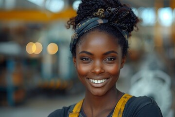 A cheerful woman with a bright smile working at a marketplace, exuding friendliness and service