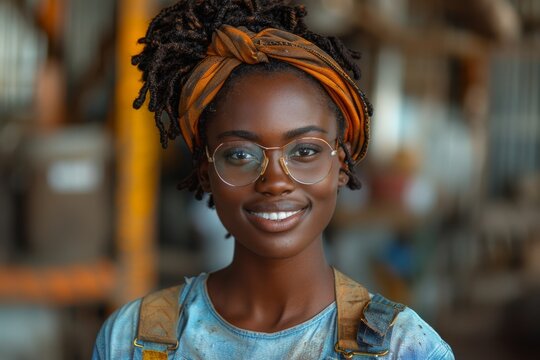 A portrait of an upbeat young woman with glasses and a colorful headwrap in an industrial setting