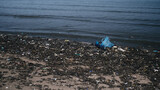 Fototapeta  - Waves of trash on the beach. Dirty plastic garbage in the sea. Water pollution environmental crisis.