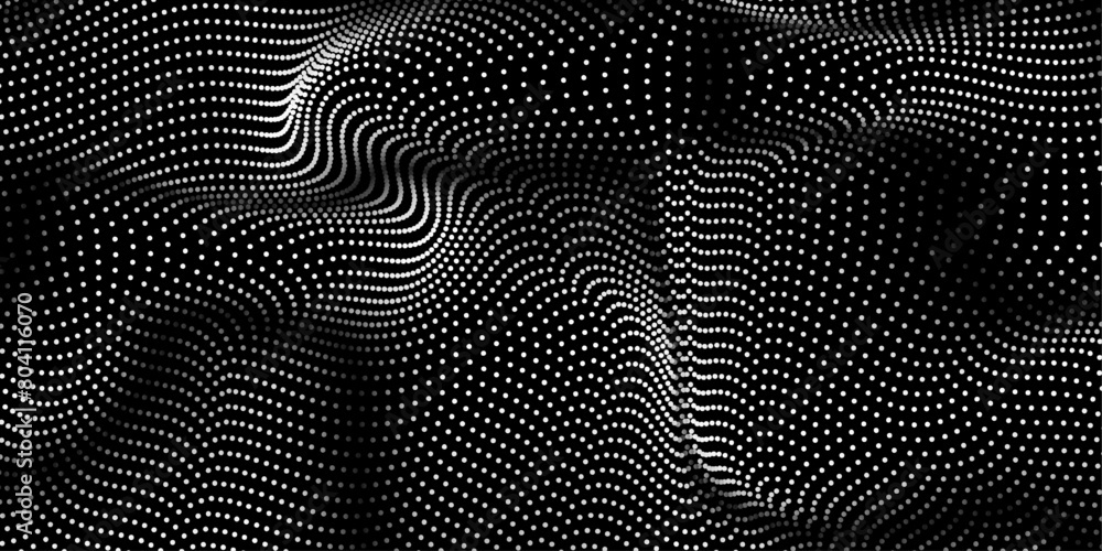 3D background abstract flowing dots particle wave pattern in half-tone ...