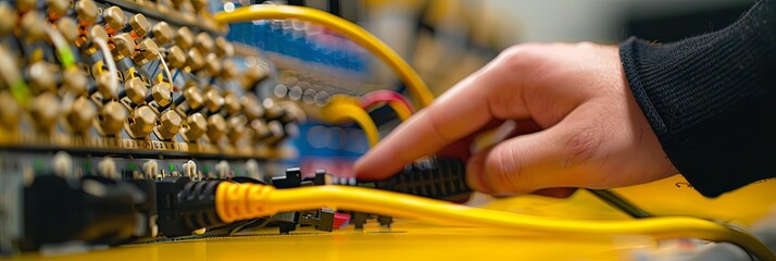 Wall Mural - close - up of a technician's hand plugging in a power cord