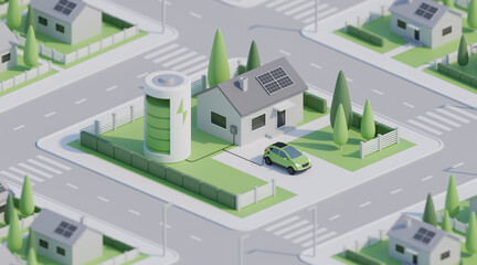 3D isometric green house with solar panels, electric car and battery storage