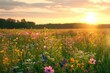 Springtime Hues: Wild Flowers Background at Dusk in panoramic landscape of uncultivated fields