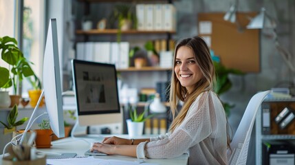 architect woman at desk, computer screen or web design for construction firm or agency. professional