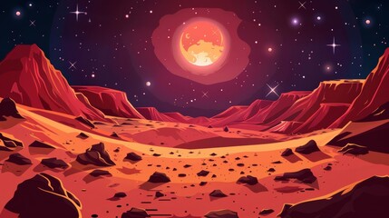 Poster - The surface of Mars is covered with sand or dust storms. A cartoon illustration of the red desert with craters, rocks and stars shining against the dark night sky. Isolated illustration of a martian