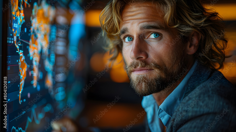 Futuristic Control Room.Person Engages with Interactive Touchscreen Interface for Complex Data Analysis and System Monitoring
