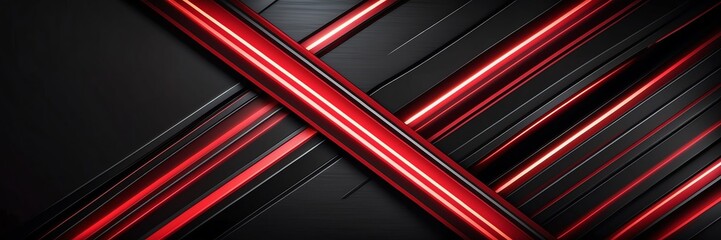 red neon glowing stripes on black luxury smooth shiny metal background from Generative AI