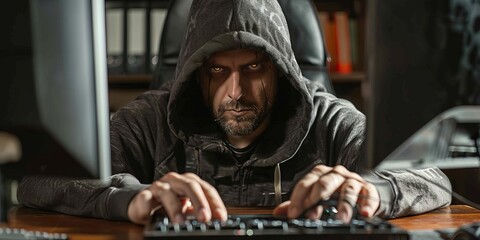 Wall Mural - Photo of a hacker with hood working on a computer at a desk