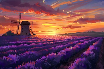Wall Mural - Sunset over a lavender field with a windmill silhouette
