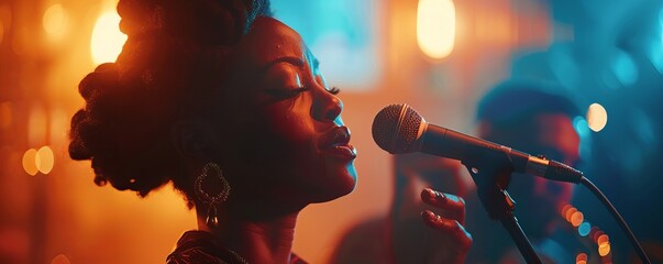 Black woman singing blues in a smoky jazz club.