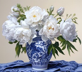 Poster - White peonies in a ceramic vase with a blue pattern