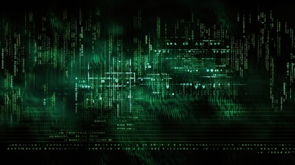 Dark green background with computer code