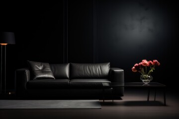 Dark luxury interior with a black leather couch and a vase of flowers.