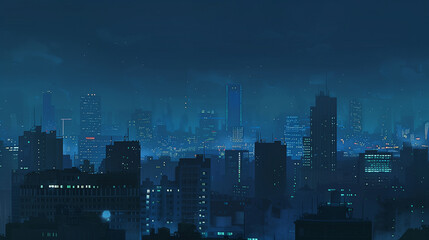 A city skyline at night with a dark blue sky