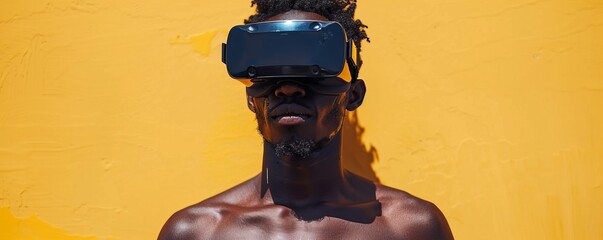 Wall Mural - Shirtless black man wearing virtual reality VR headset goggles