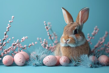 Wall Mural - An endearing Easter image capturing a rabbit with pastel pink eggs and spring blossoms on a tranquil blue background