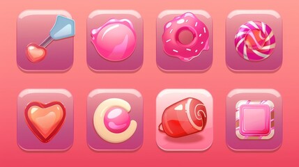 Wall Mural - Game app interface with jelly and lollipop designs. Beautiful fantasy cute item collection with loading, close, window, panel, slider, arrow and circle.