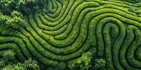 Aerial drone view of shapes of Cha Gorreana tea plantation
