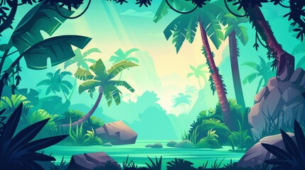Wall Mural - Green jungle forest background with palm tree and liana stem. Illustration for adventure games. Lake water with rock scene background.