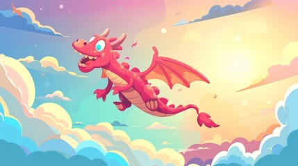 Canvas Print - Air dragon scene in the sky with fluffy cloudscape background. Abstract white sunny illustration with pink cute fairytale dinosaur character and fluffy cloudscape backdrop.
