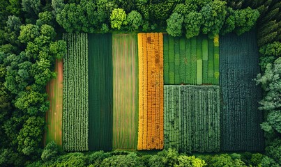 Drone image of rural landscape with different colored crops and forests. Bavaria, Germany