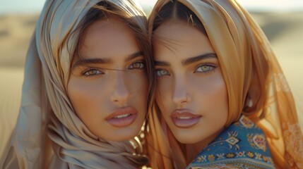 Wall Mural - Portrait of two beautiful Arabic women together wearing nomad robes, vast sand desert in the background, warm evening colors. Generative AI.