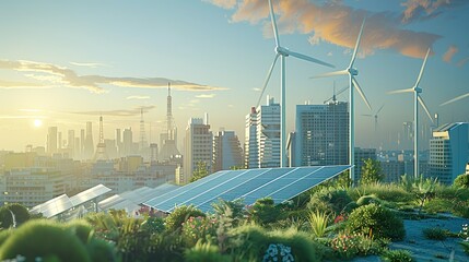 Aufkleber - Wind turbines elegantly integrated into the city architecture, solar panels covering the rooftops of buildings, and public spaces powered by renewable energy sources. Generative AI.