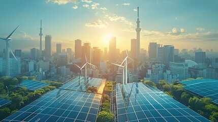 Aufkleber - Wind turbines elegantly integrated into the city architecture, solar panels covering the rooftops of buildings, and public spaces powered by renewable energy sources. Generative AI.