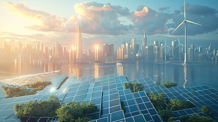 Aufkleber - Wind turbines elegantly integrated into the city architecture, solar panels covering the rooftops of buildings, and public spaces powered by renewable energy sources. Generative AI.