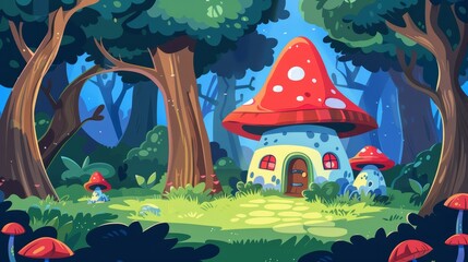 Wall Mural - A fairy forest wonderland has a magic mushroom house made out of red hats for gnomes and elves. This cartoon modern illustration depicts a fantasy landscape with a cute tale or game home in the