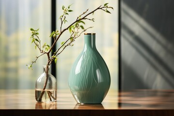 Elegant display of a large teal vase and a smaller clear vase, each holding delicate spring branches, on a wooden surface against a window.