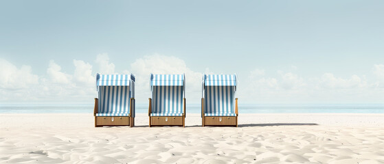 Wall Mural - beautiful beach with hooded beach chairs and copy space