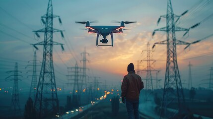 Aufkleber - Technician are launching drones to inspect the power station for a planned work, Drone inspecting electricity generated towers. Generative AI.