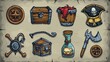 The UI icons show a cartoon modern compass and a wooden chest with treasure, a metal hook and steering wheel, skulls with red kerchiefs, black flags, rum in bottle with corks, and a captain's hat.
