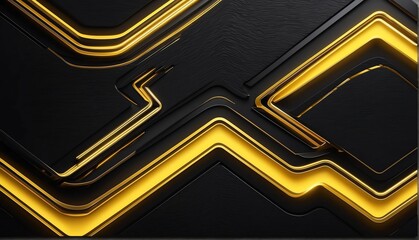 Wall Mural - yellow neon glowing bright zigzag lines on black luxury smooth shiny metal background from Generative AI