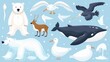 Cartoon illustration of north pole mammals and birds including a cute toon white bear, a wolverine with brown fur, a big blue striped whale, and a flying albatross or seagull.