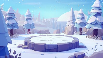 Wall Mural - Cartoon modern landscape with stone circular platform surrounded by trees and covered with snow. Battleground or magic portal in winter woodland.