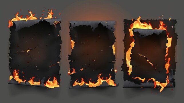 Modern illustration of burnt paper pieces on transparent background. Burnt paper pieces set isolated on transparent background. Burned letter sheets, burned parchment pages, scorched letter sheets.
